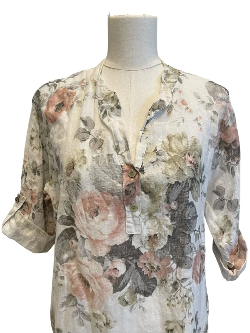 W made in Italy Floral Split-Neck Linen Tunic Top - White